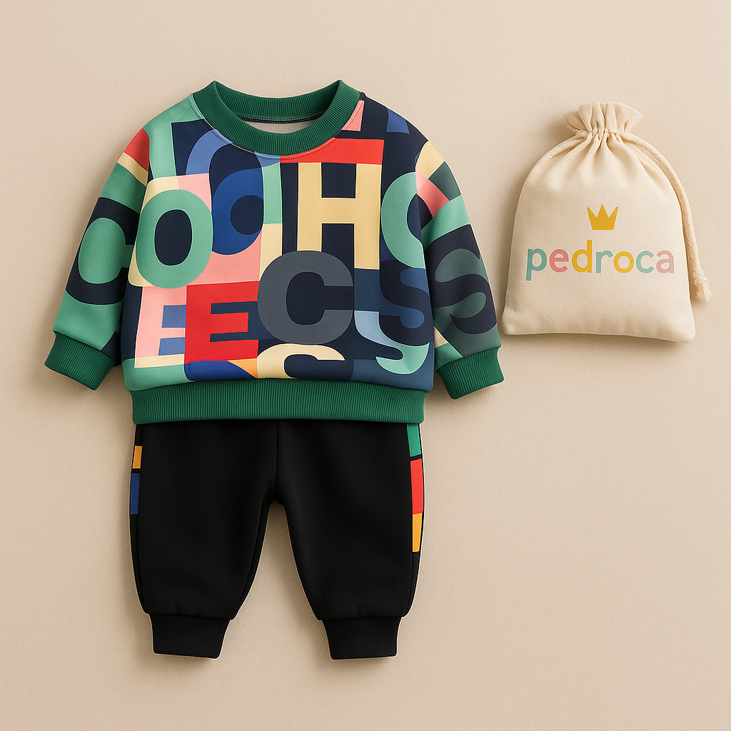 Conjunto infantil Modern Art premium ao lado de sacola personalizada da loja Pedroca, destacando qualidade e apresentação exclusiva