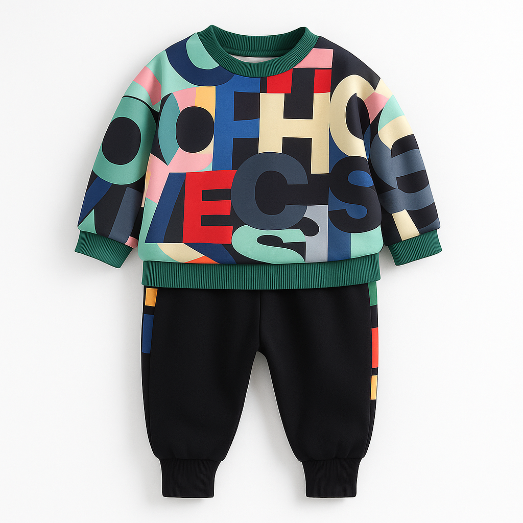 Conjunto infantil masculino Modern Art com estampa artística multicolorida, moletom premium e calça, da marca Pedroca