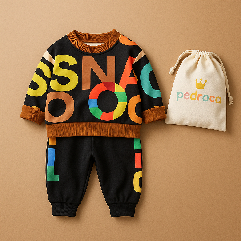 Conjunto infantil Modern Art premium ao lado de sacola personalizada da loja Pedroca, destacando qualidade e apresentação exclusiva