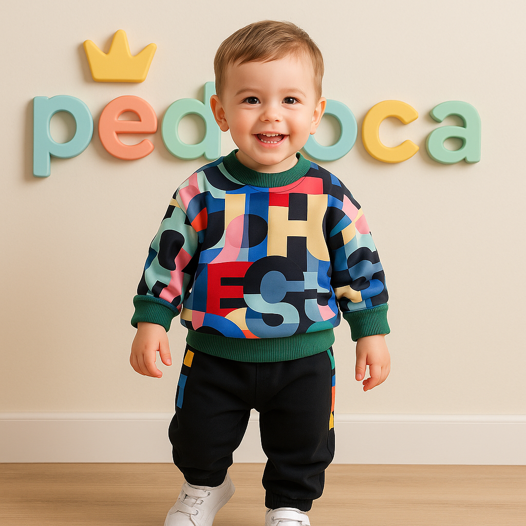 Criança feliz vestindo conjunto infantil Modern Art colorido, brincando e demonstrando conforto e estilo da Pedroca