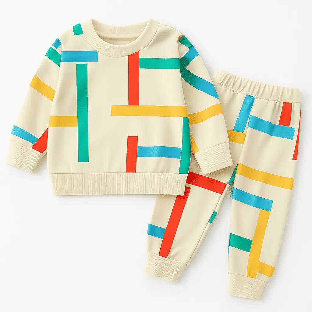Conjunto infantil colorê geométrico com moletom leve e calça, estampa vibrante e mix de cores – Pedroca