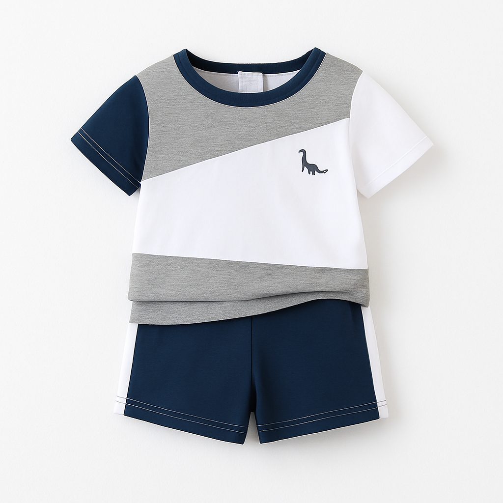 Conjunto infantil dinossauro patchwork em algodão premium e poliéster, camiseta bordada e shorts – moda Pedroca