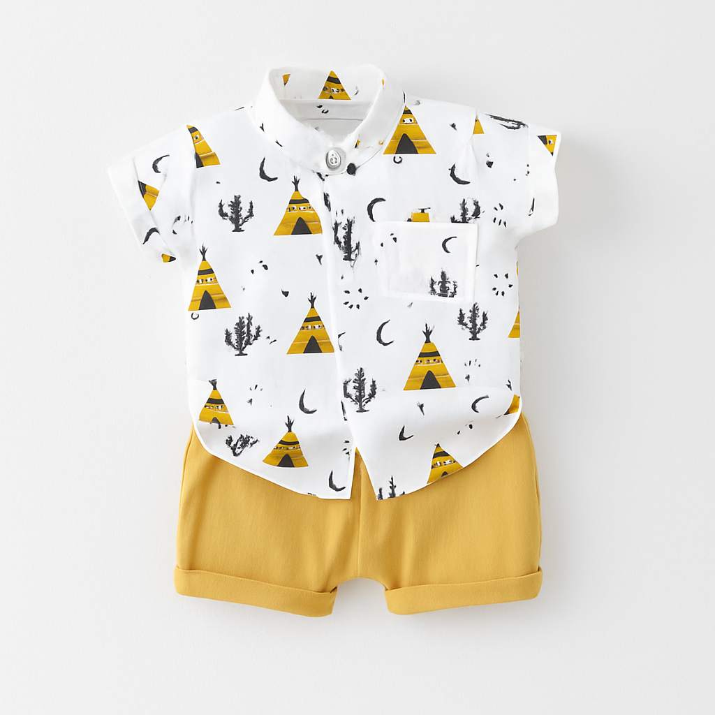 Conjunto infantil gola alta em algodão pima, camisa e shorts, toque aveludado e acabamento artesanal – moda Pedroca