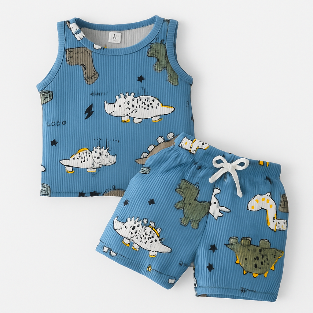 Conjunto infantil masculino Pedroca com regata e shorts em algodão premium, estampa de dinossauros – moda infantil sofisticada e divertida