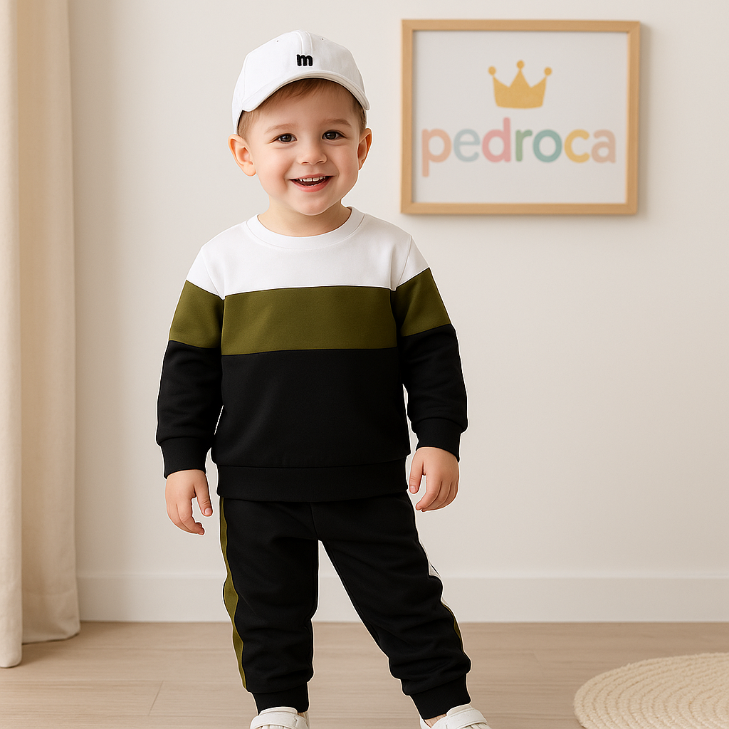 Menino vestindo conjunto esportivo patchwork, confortável e estiloso, pronto para brincar – Pedroca