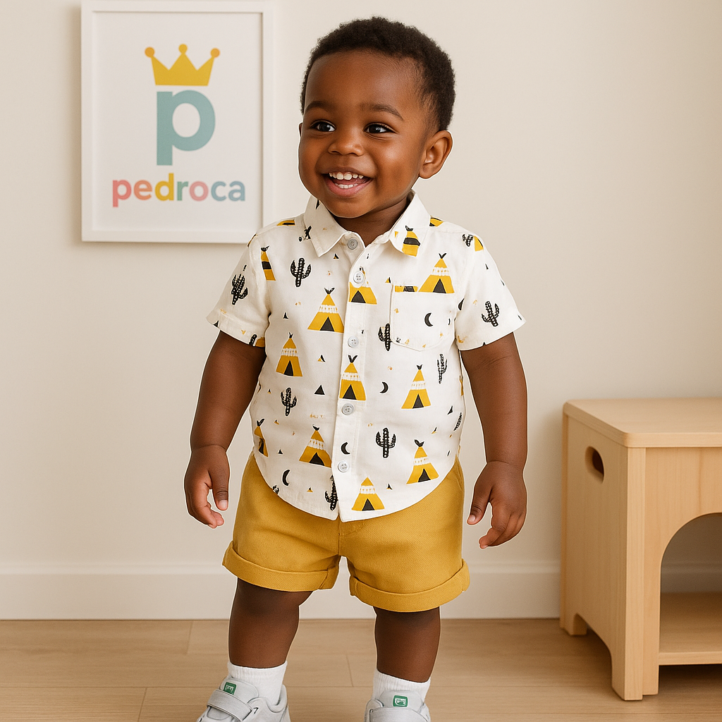 Menino vestindo conjunto infantil gola alta em algodão pima, confortável e elegante – Pedroca