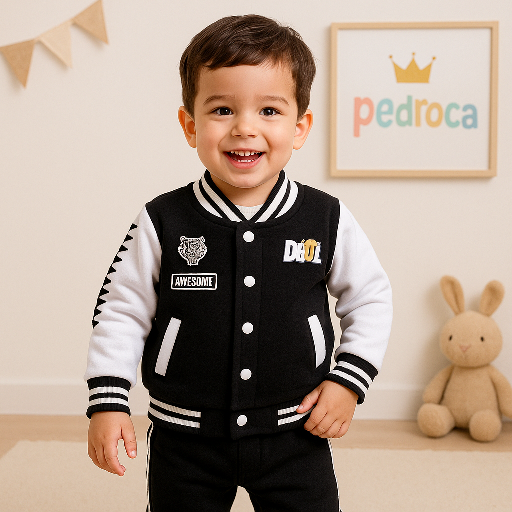 Menino vestindo conjunto infantil casaco tigre, confortável e estiloso – Pedroca