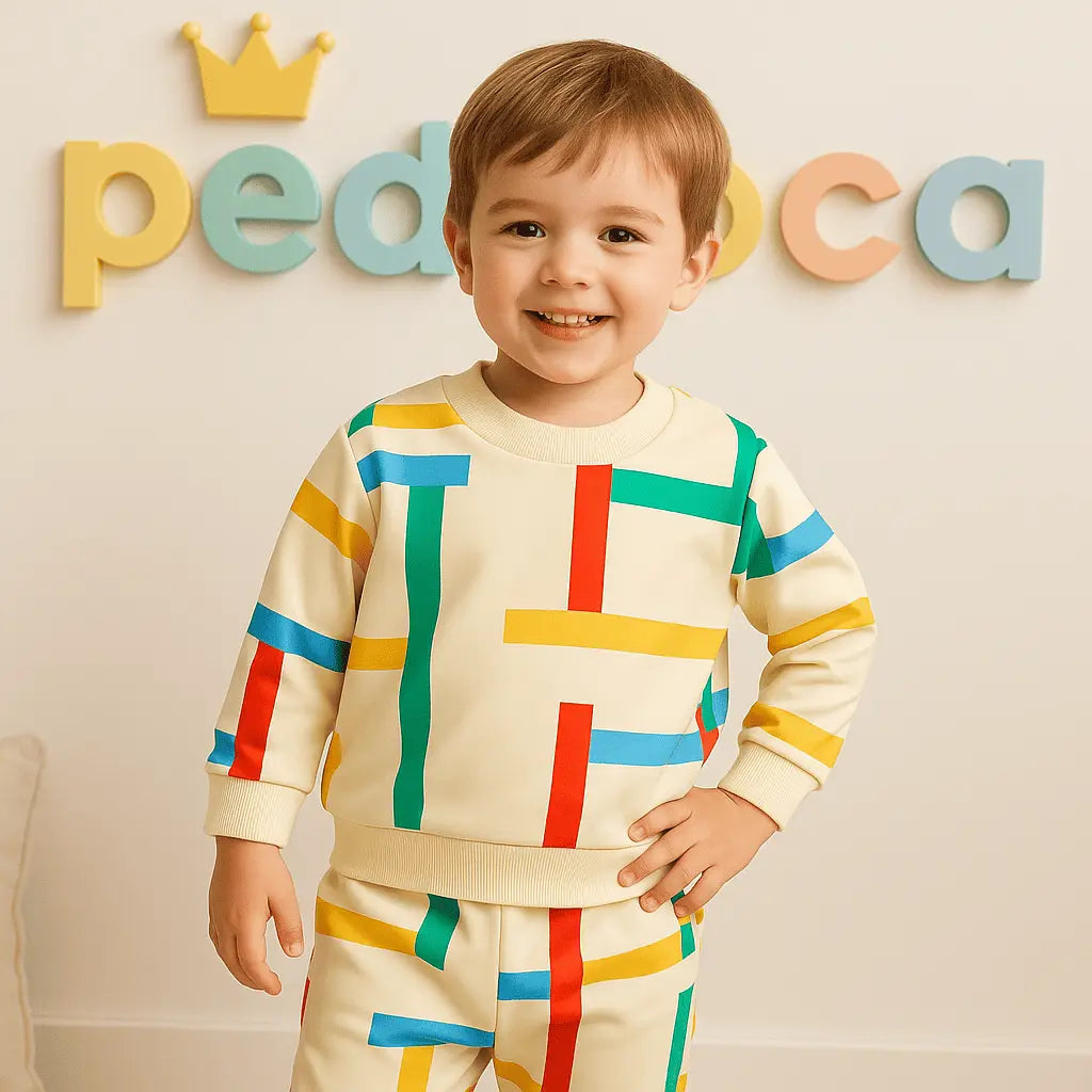 Menino brincando com conjunto infantil colorê geométrico, confortável e cheio de atitude – Pedroca