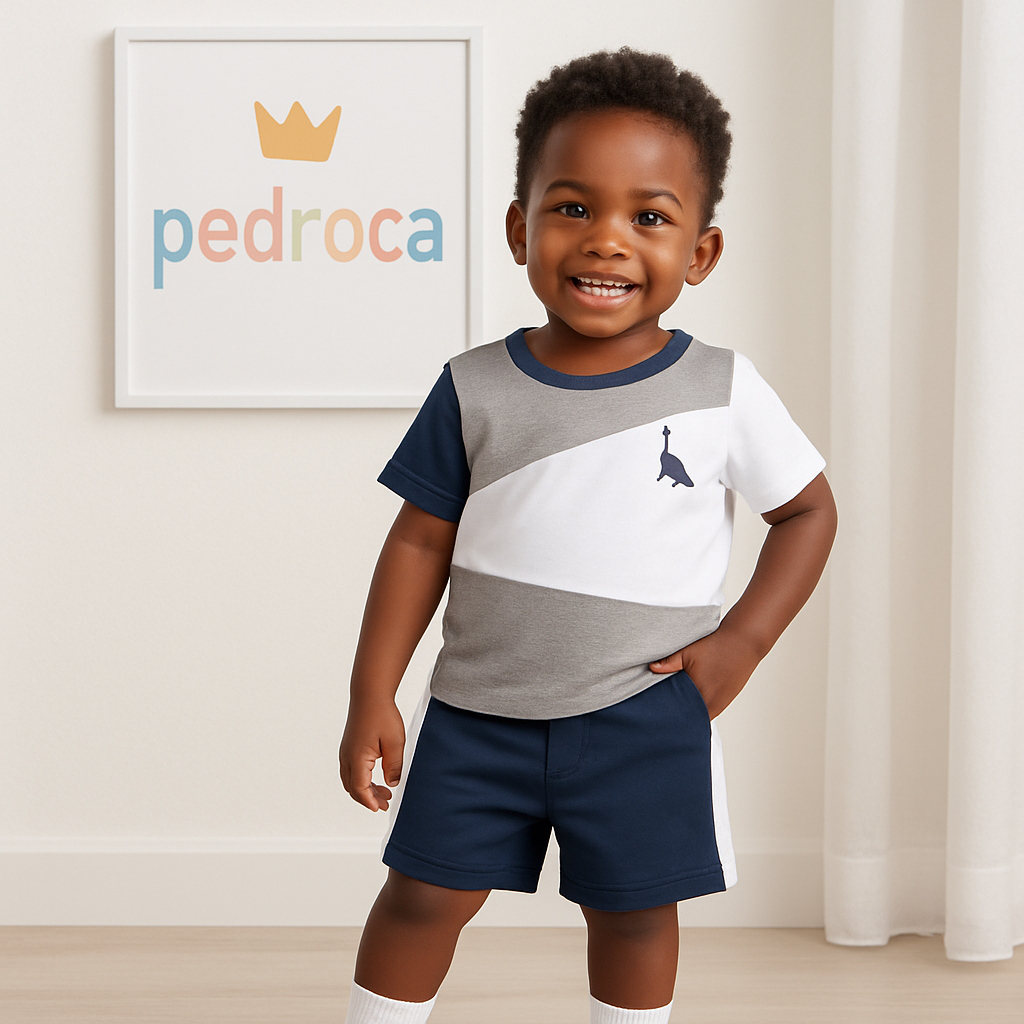 Menino vestindo conjunto infantil dinossauro patchwork, confortável e estiloso – Pedroca