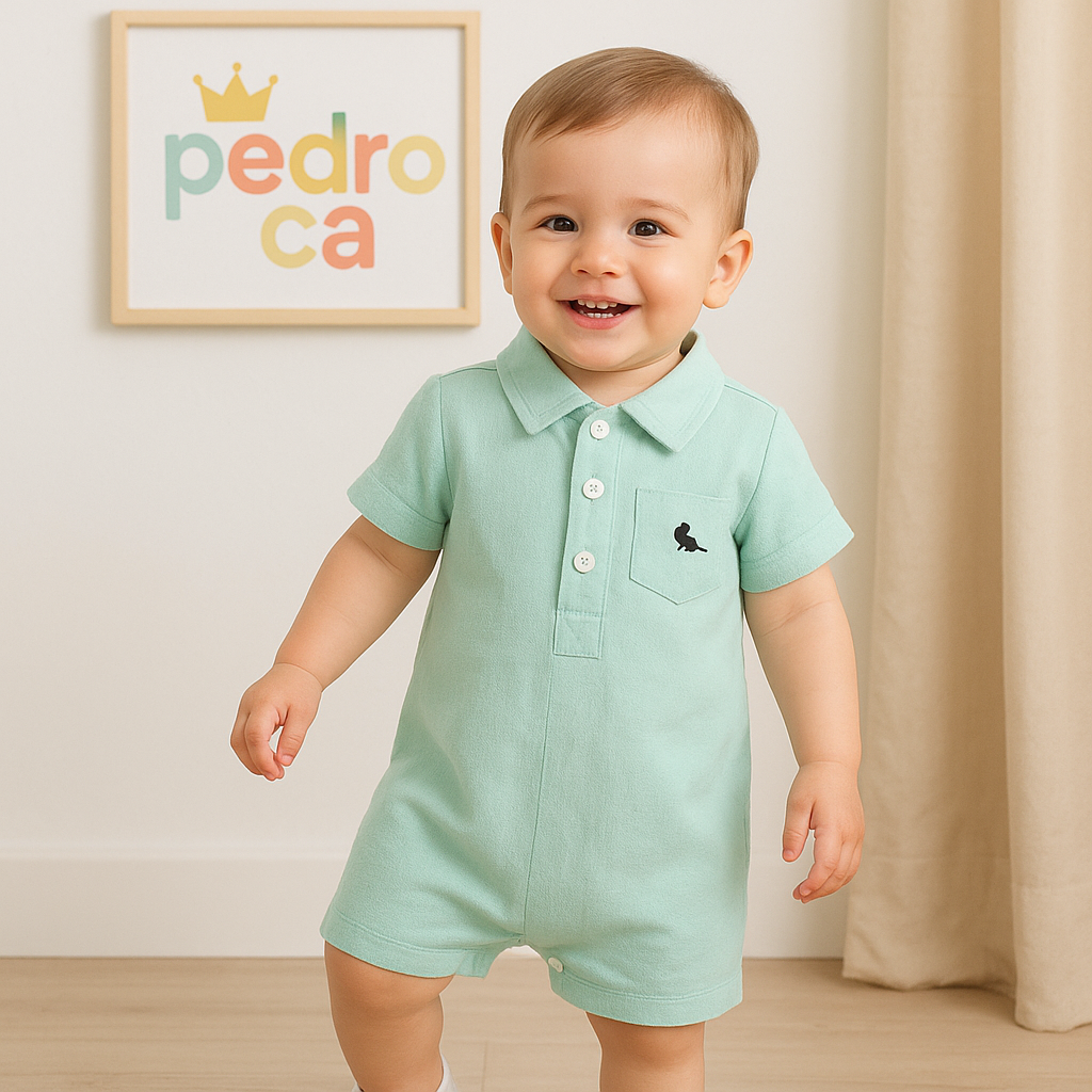 Bebê vestindo macacão polo dinossauro em algodão premium, sorrindo e confortável – estilo Pedroca