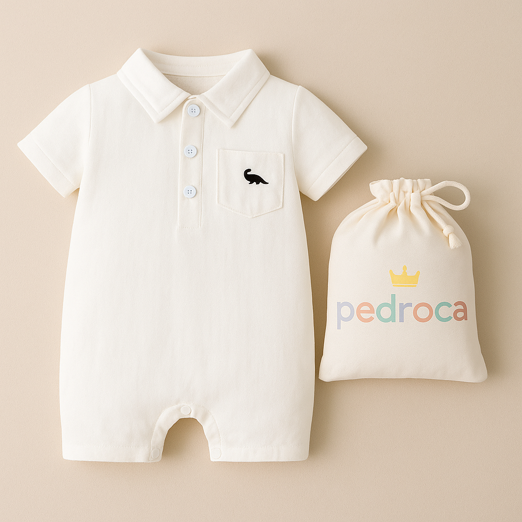Macacão polo dinossauro Branco em algodão premium ao lado de bolsa personalizada Pedroca – kit presente sofisticado