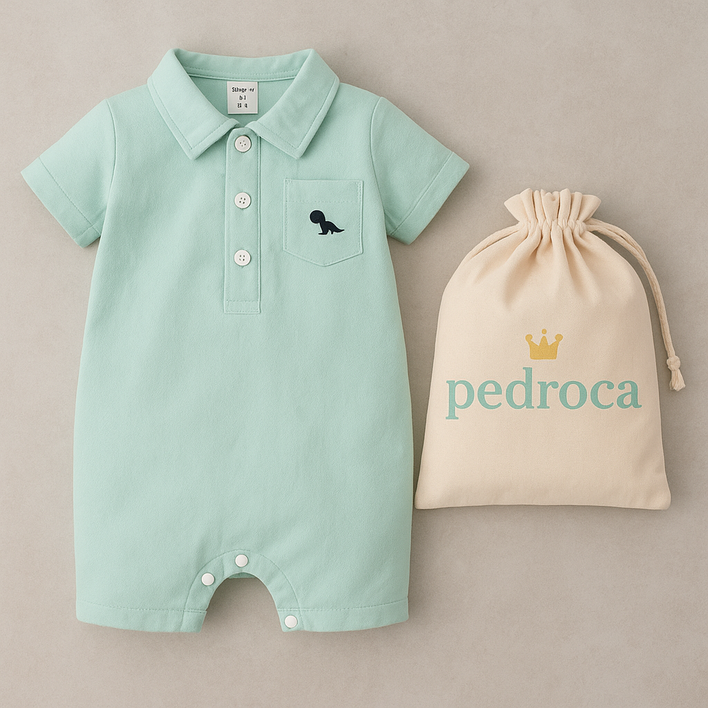 Macacão polo dinossauro verde em algodão premium ao lado de bolsa personalizada Pedroca – kit presente sofisticado