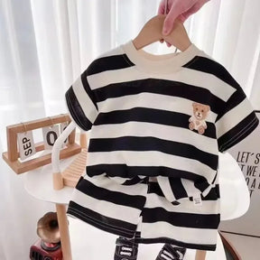 Conjuntos de verão para crianças, meninos, meninas, manga curta, camiseta listrada + shorts, conjunto de moda para bebês, gola redonda, agasalhos para crianças