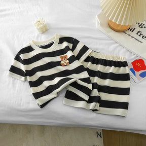 Conjuntos de verão para crianças, meninos, meninas, manga curta, camiseta listrada + shorts, conjunto de moda para bebês, gola redonda, agasalhos para crianças