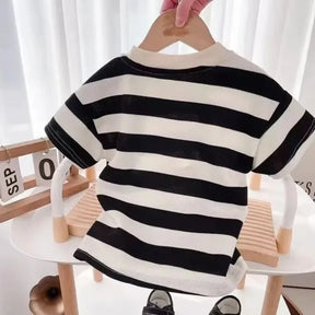 Conjuntos de verão para crianças, meninos, meninas, manga curta, camiseta listrada + shorts, conjunto de moda para bebês, gola redonda, agasalhos para crianças